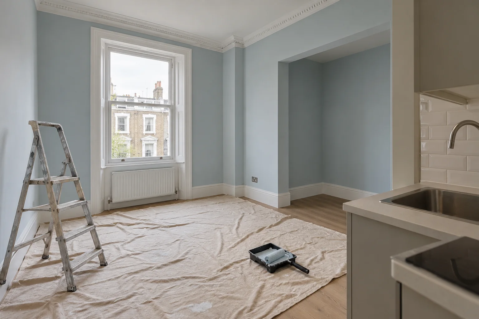 Compact studio flat prepared for painting with protected flooring and bare walls